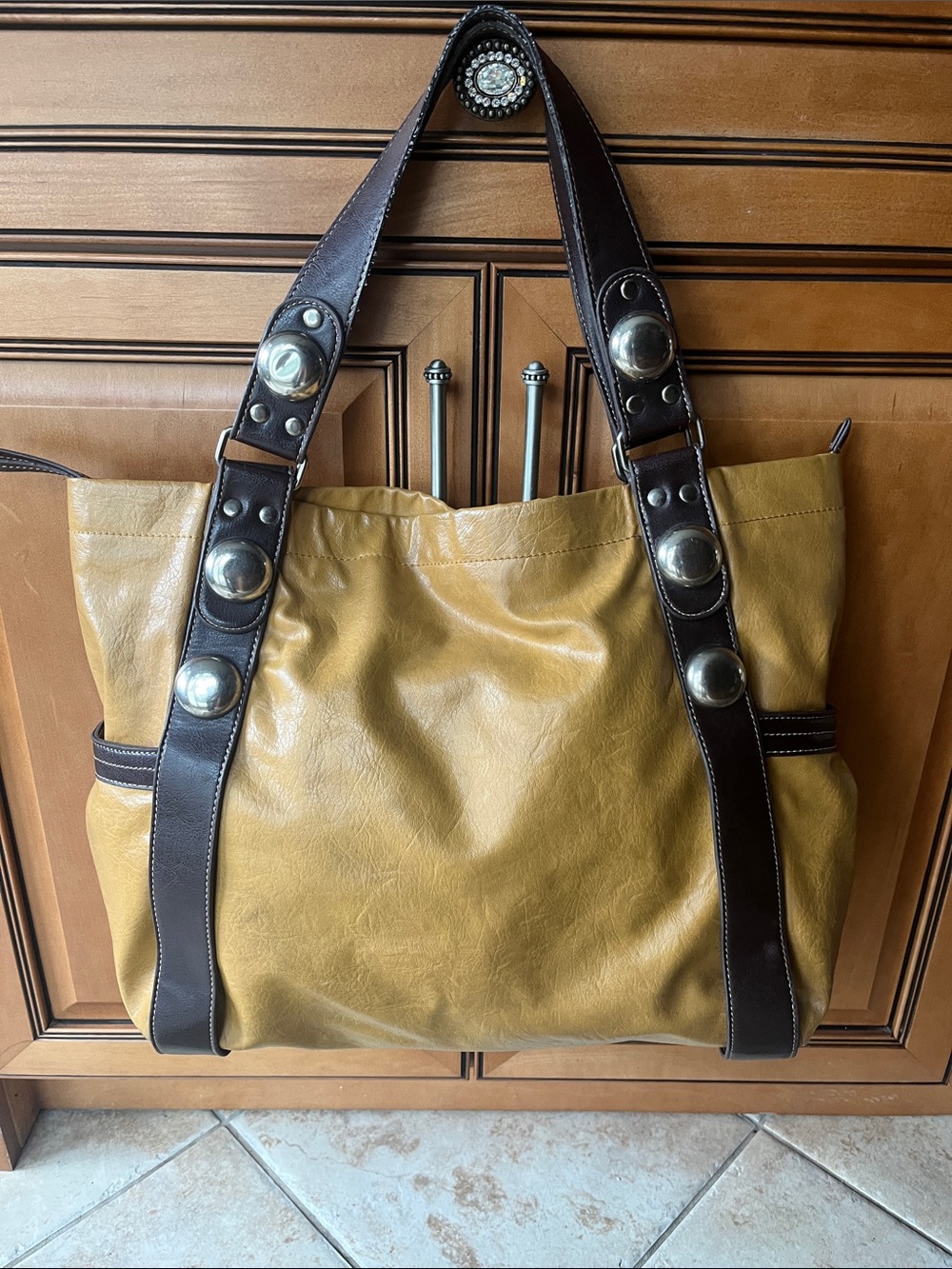 Bueno Vegan Leather Tote Bag with Dark Brown Straps - Mustard